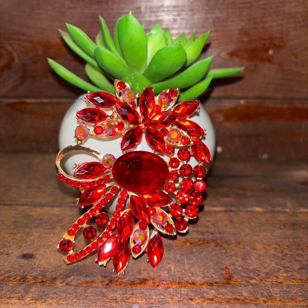 New Red rhinestone brooch with gold accents